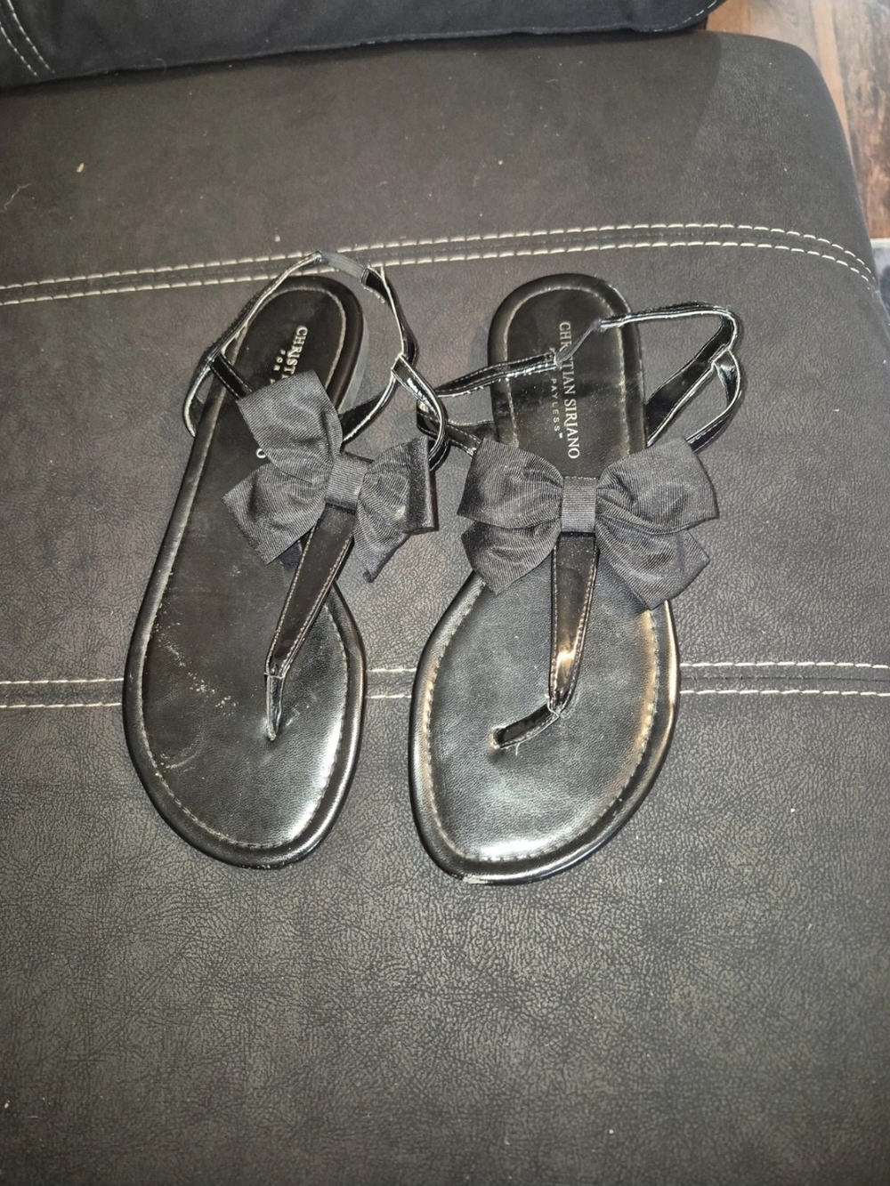 Christian Siriano Black Bow Thong Sandals with Ankle Strap